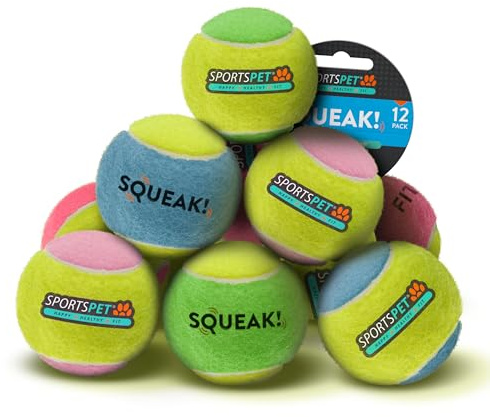 SPORTSPET Squeak Tennis Balls for Dogs - Extra Bouncy - Non Toxic - Durable - Long Lasting - Floats - Squeak Tennis Balls Pack of 12 (64mm)