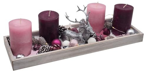 ZauberDeko LED Adventsgesteck Weihnachtsdeko Tablett Holz Hirsch Silber Rosa Beere Lichterkette 40cm