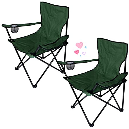 Lot de 2 Chaises de Camping Pliantes Portables 2 Places avec Porte-Gobelets et 2 Sacs de Transport –Vert armée-2PC