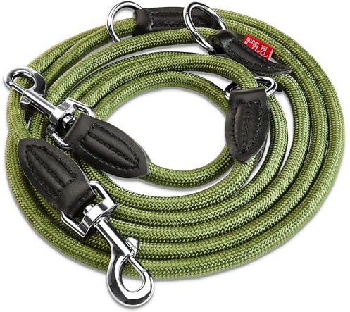PetPatron® Hundeleine 3m verstellbar (1,5-3 m) Stilechte Führleine aus Nylon mit Lederelementen als Umhängeleine, Doppelleine & Hundeleine große Hunde mit der Zugkraft von 200 kg Grün