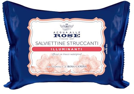 Acqua alle Rose, Salviettine Struccanti Illuminanti per Pelli Spente e Opache, con Vitamina C di Rosa Canina Energizzante, Azione Struccante su Viso, Occhi e Labbra, 20 Salviettine