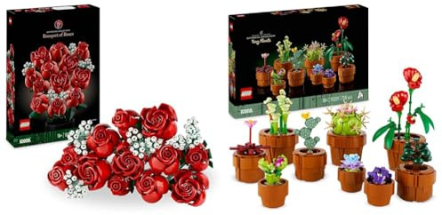 LEGO Icons Bouquet of Roses, Artificial Flowers Set for Adults, Botanical Collection & 10329 Icons Tiny Plants Set, Artificial Flowers in 9 Buildable Teracotta-Coloured Pots, Botanical Collection