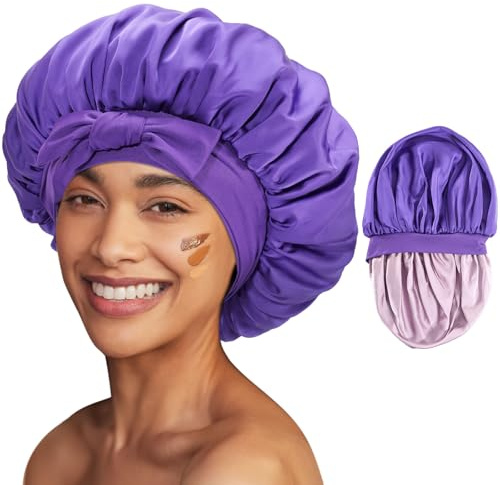 Lolalet Gorro de Dormir de Satén, Gorro de Noche de Banda Ancha Elástica Cubierta de Cabeza para Pelo Rizado Ajustable Doble Capa Sombrero Suave para Mujeres -Morado