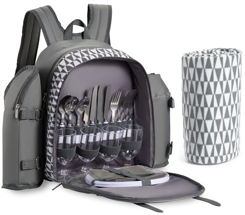 VonShef Picnic Backpack, 4 Person Grey Picnic Bag with Full Dining & Cutlery Set, Insulated Cooler Compartment & Large Waterproof Picnic Blanket, Lightweight Water Resistant Camping Accessories