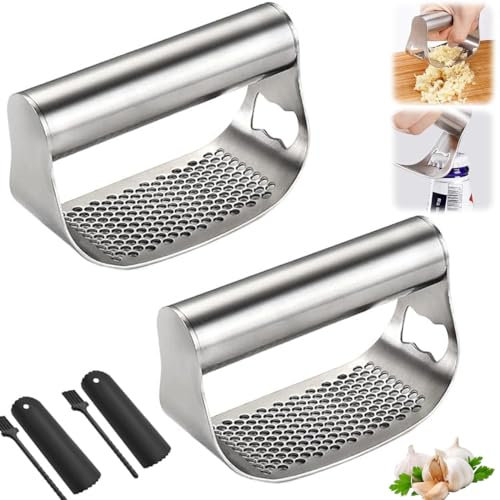 Upgrade Edelstahl Knoblauchpresse, 2024 Knoblauchpresse, Robuster Edelstahl-Knoblauchwolf, Knoblauchzerkleinerer mit Schäler und Reinigungsbürste zum Zerkleinern von Knoblauch, Küchenutensilien (2PCS)