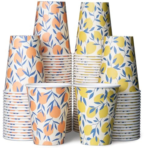 Vasos de papel desechables, paquete de 100 vasos de fiesta de papel a granel de 355 ml para bebidas calientes o frías, vasos de flor de naranja y limón amarillo para oficina, fiestas y uso para llevar