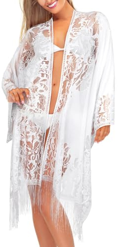 BSBUY Beach Cover Up for Women Swimsuit Cover Up, Sexy Elegant Lace Kimono Long Beach Dress, Floral Lace Bikini Swim Coverup Blouse, Sarong Shawl Tops Open Front Cover Ups Hollow Out Swimwear(White)