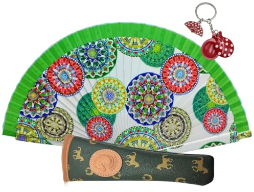Planta Color Abanico Plegable de Madera con diseño Estampado – Set con Funda Protectora Artesanal con Cremallera y Llavero Souvenir – Funda Artesanal – Ligero y Compacto (Encanto Mediterráneo)