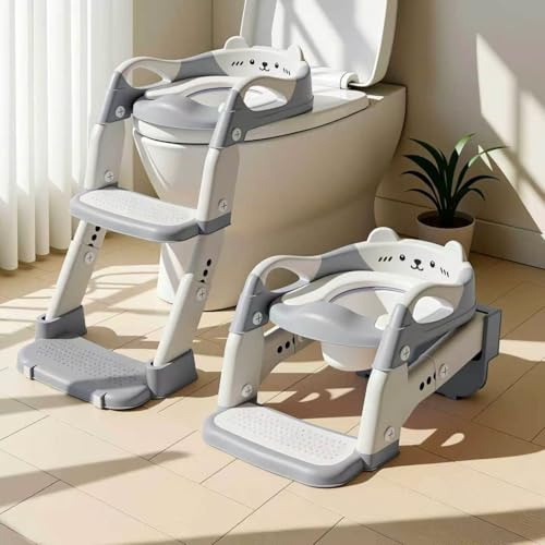 Riduttore WC Bambini, Scaletta WC Pieghevole 3 in 1 per Bambini, Antiscivolo e Impermeabile, con Paraspruzzi, Sedile WC per Bambini per L'addestramento Indipendente dei Bambini al Vasino (Grigio)