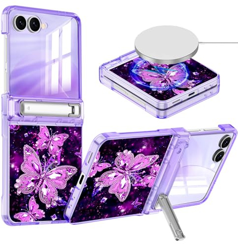 Hekodonk for Galaxy Z Flip 7 Case,[Compatible with MagSafe][Glow in The Dark][Front Screen Protector][Stand][Hinge Protection],Slim Fit for Women Girls for Samsung Galaxy Z Flip 7,All Purple