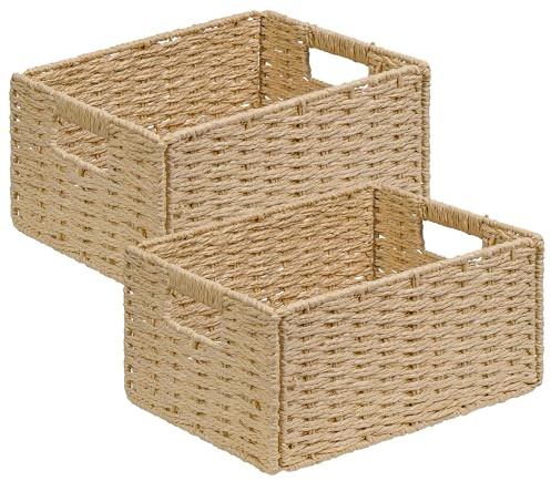 Aluusy Cesto Portaoggetti Intrecciato in Carta di Giacinto d'acqua, Set di 2 Cesto Vimini Rettangolare, Cestino Vimini Pieghevole Bagno 31x22.5x15 cm, Cestino Portaoggetti per Scaffale Kallax