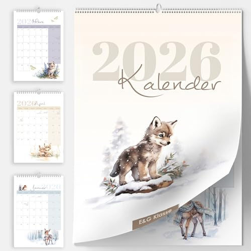 Calendario de pared calendario mensual 2026 en A4 Aqaurell Animales del Bosque con KW 's Vacaciones y plan de vacaciones/resumen de vacaciones, mucho espacio para escribir meses, familias, niños