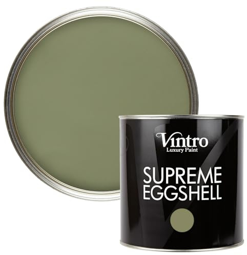 Vintro Paint | Eggshell Paint | for Walls | Wood | Trim | Satin Furniture Paint | Interior & Exterior Use. (Olive Green - ChiffChaff Green, 2.5 Litres)