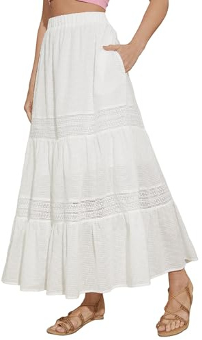 Womens Long Skirts 2026 Summer Boho Elastic High Waisted A-Line Lace Hollow Out Tiered Flowy Maxi Skirt with Pockets White