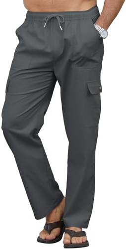 Aisprts Men's Linen Trousers Loose Fit Cargo Trousers with Adjustable Drawstring Elastic Waist, Summer Casual Pants for Outdoor, Travel & Everyday Wear, Dark Grey, XL