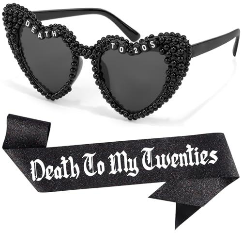 ZenithBurst Death to My 20s Birthday Set de lunettes de soleil en forme de cœur noir et écharpe pailletée, décoration pour 20e anniversaire, décoration pour femme