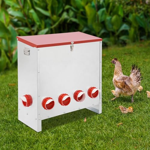 Comedero automático con 10 agujeros, para pollos, 30 kg de capacidad, de metal galvanizado, para pavos, pollos, patos y gansos, 60 x 32 x 63 cm