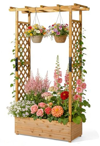 Bonnlo Raised Beds for Garden with Arch, Wooden Planters with Trellis, Outdoor Vertical Trough Planter Container for Vine Climbing Plant (110x44x182cm)