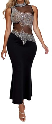 Munweiyu Abito avvolgente da donna a rete con strass, trasparente, scintillante, abito da sera, abito da cocktail, elegante abito da notte, abito sexy, abito da festa, abito da ballo senza maniche