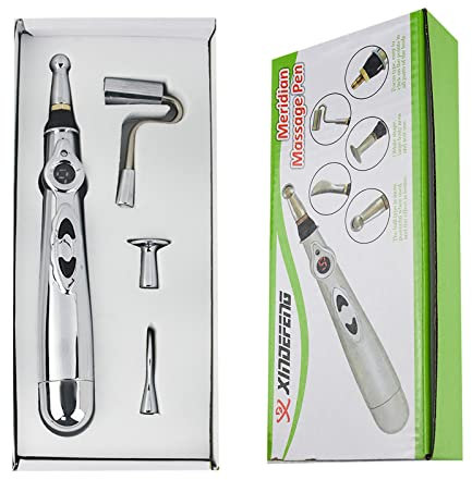 Coriver Bolígrafo de acupuntura 5 en 1, bolígrafo de masaje meridiano electrónico,bolígrafo energético, masajeador de curación corporal, instrumento de terapia,alivio del dolor y 5 cabezales de masaje