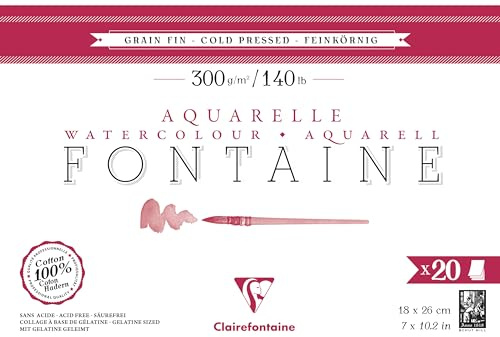 Clairefontaine 975449C Bloc Encollé 4 Côtés Fontaine - 20 Feuilles Papier Aquarelle Blanc 100% Coton Grain Fin Qualité Professionnelle 18x26 cm 300g