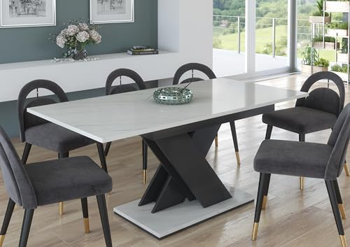 Furneo Tavolo 01 – Modern Extendable Dining Table Only, 120–160 cm, White Marble Effect Matt Finish, MDF