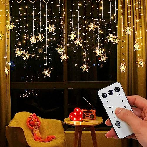 OAICIA String Lights LED Curtain Light, 96 LED Fairy 3.5M Snowflake Christmas Lights with Wireless Control Plug in Lights for Indoor Bedroom Party Fence Patio - Warm White
