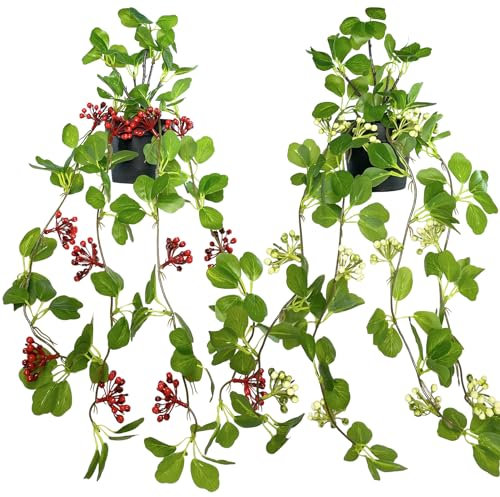 MORELX Künstliche Hängepflanzen, 2 StückKünstlich Hängepflanze mit Töpfen, 50cm Künstliche Pflanzen Rebe Deko, Künstliche hängende Efeupflanzen drinnen für Balkon, Außen(Grün rot)