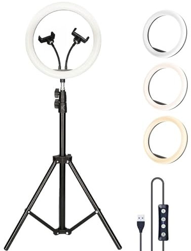 Aro de Luz Grande 33cm 13 de diámetro con Trípode Regulable Desde 55 cm hasta 200cm, 2 Soportes para Móvil, 3 Modos de Luz y 10 Niveles de Brillo
