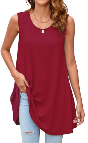 Enmain Burgundy Vest Tops for Women UK Ladies Sleeveless Tunics Long Summer Tank Tops for Leggings Solid Color Casual Loose Blouse Round Neck S