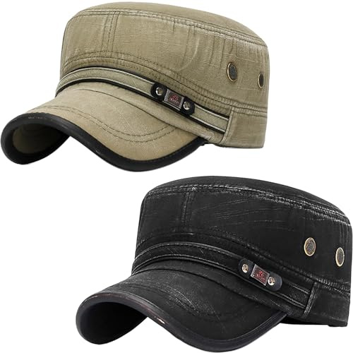 YeeHeen Cadet Army Hat 2 Pieces Flat Top Cap Unisex Military Hat for Women Men Black E + Army Green E