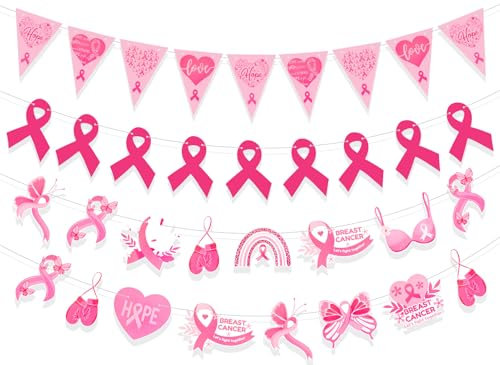 HOWAF 4pcs Conciencia del Cáncer de Mama Banderola Lazo Rosa con Purpurina y Esperanza y Fe para Decoraciones de Concienciación del Cáncer de Mama