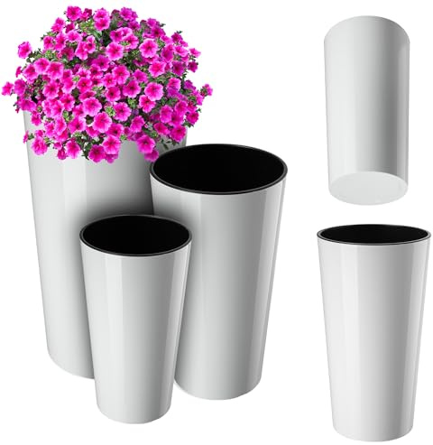 KADAX 3er Set Blumentopf mit Holzspänen, eleganter Übertopf mit herausnehmbarer Einlage, Blumentopfschutz für Büro, Blumenkübel, Topf, Gartenschale (Weiß glänzend)