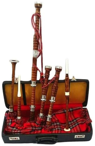 Gran gaita escocesa de las tierras altas con cubierta de tartán Royal Stewart y accesorios, gaita jugable con acabado marrón, soportes plateados, libro de tutores gratis