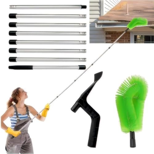 Gutter Cleaning Tools， 10.5 feet Adjustable Length Gutter Cleaning Tools from The Ground， Gutter Cleaner for Removing Leaves and Debris from roof gutters(Brush Head *1pc and Gutter Cleaning Spoon*1pc