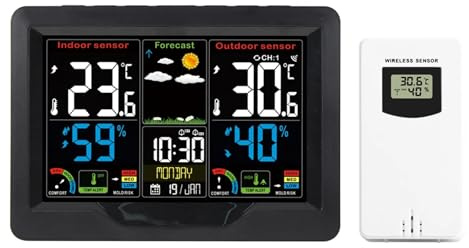 Stazione Meteorologica, Orologio della stazione meteorologica digitale Misuratore di temperatura e umidità for interni ed esterni Previsioni meteo Orologio da tavolo elettronico wireless