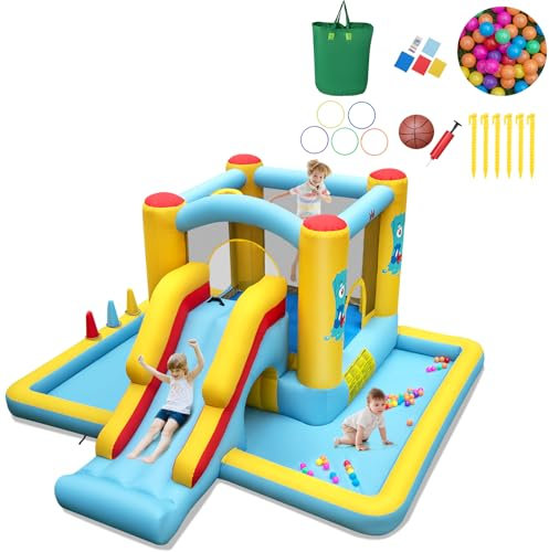 HOMFME Chateau Gonflable pour Enfant 7 en 1, Aire de Jeux Intérieur/Extérieur avec Toboggan, Trampoline, Fosse à Balle, Idéal pour Enfant 3-10 Ans, 394 x 389 x 194 CM ([sans souffleur],Monstre)