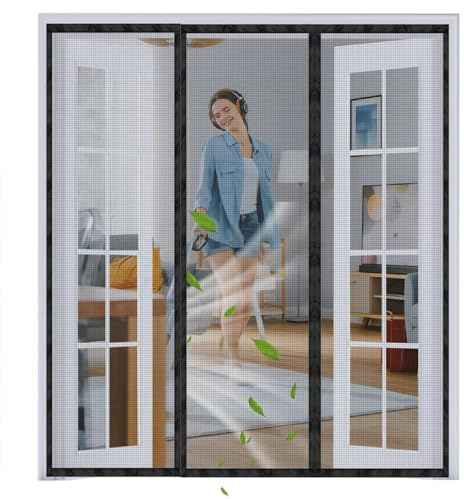 Puerta de malla magnética 250x180cm Negro Cortina de puerta antiinsectos de cierre automático con imanes sin perforación