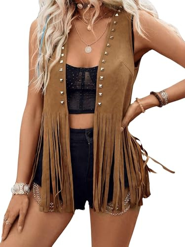 Womens Fringe Waistcoat Vest 70s Hippie Costume Sleeveless Cowgirl Western Faux Suede Tassel Leather Outerwear Cardigan Streetwear (B Dark Brown, XXL)