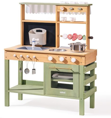 ROBUD Cuisine en Bois pour Enfants, 17 pièces de Cuisine avec évier, Tableau Noir et Accessoires, Cuisine extérieure pour Barbecue, Jeu de éducatif pour Les Enfants de 3 Ans et Plus