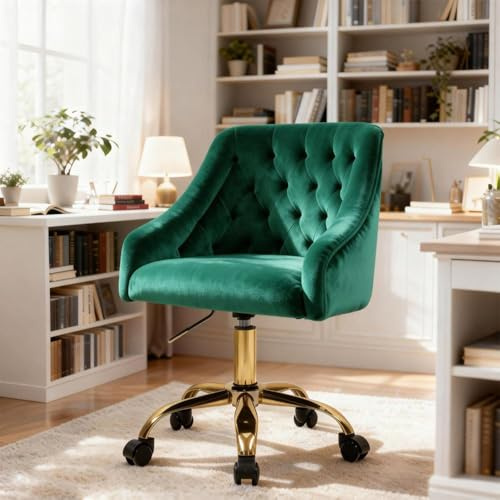 Fiximaster Silla Escritorio, Silla tocador con Ruedas, Altura Regulable y cojín Grueso, Patas Doradas, Ideal para Oficina y tocador, Terciopelo Verde