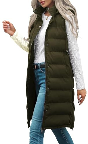 Gilet lungo trapuntato senza maniche da donna leggero con cerniera imbottita gilet trapuntato gilet con cappuccio comodo casual tinta unita gilet piumino da donna giacca lunga senza maniche, Verde, S