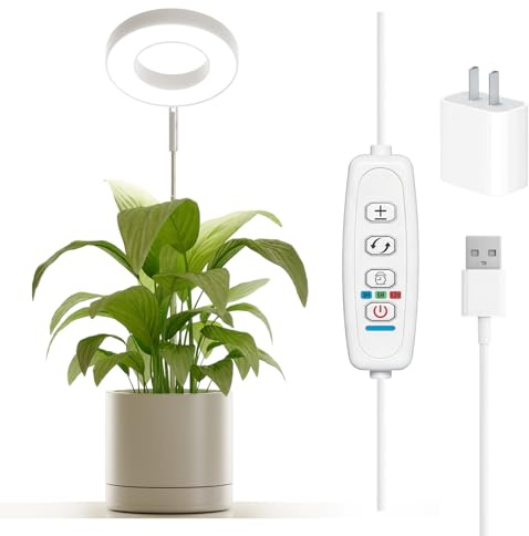 Bamworld Lampada per piante a LED a spettro completo, 380-800 nm, ad anello regolabile in altezza, per vaso di fiori, funzionamento USB, IP54, impermeabile