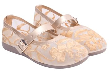 Shoetopia Scarpe da donna ricamate, morbide e comode, con cinturino regolabile, design floreale tradizionale per calzature casual ed etniche, dorato, 4 UK