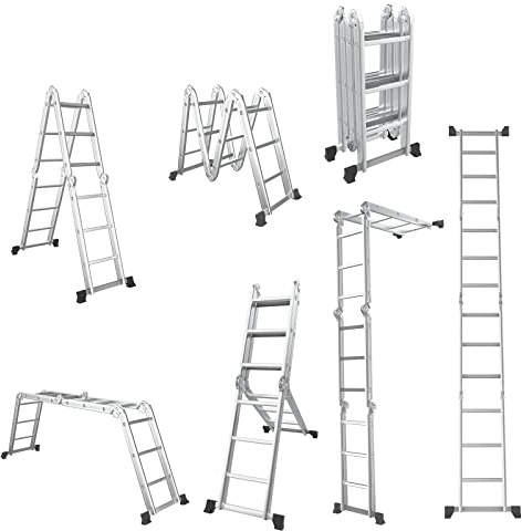 GOPLUS Escalera Plegable de 371 cm, Escalera de Aluminio de 7 en 1 con Barra Reforzada y Almohadillas Antideslizantes, Capacidad de 150 kg, Escalera Portátil Aplicable para Uso Interior y Exterior