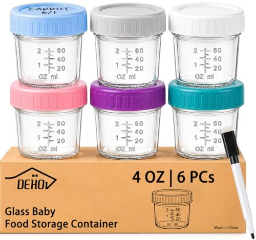 Dehov 6-Piece Glass Baby Food Containers with Lids,4 OZ Small Glass Freezer Safe Baby Food Storage Jars,Leak Proof Baby Food Grade Puree Containers