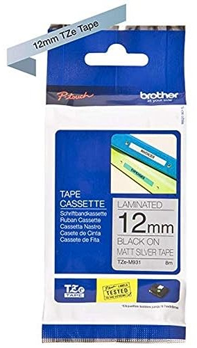 Brother Brother Genuine Supplies TZe-M931 Cassette de ruban d'étiquetage, noir sur argent mat, 12 mm (l) x 8 m (L), laminé, Brother Genuine Supplies