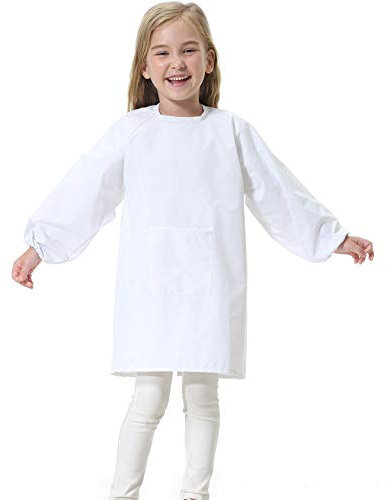 Wasserdicht Malschürze Kinder Bastelkittel Kinderschürze Bastelschürze Langarm Malkittel Kinder Schürze (Weiß, Groß)