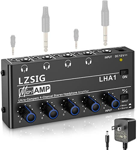 LZSIG Headphone Amplifier 4 Channel, Metal Stereo Audio Amplifier, Mini Earphone Splitter with Power Adapter, 1/4 & 1/8 TRS Headphones Output & TRS Audio Input, DC 12V