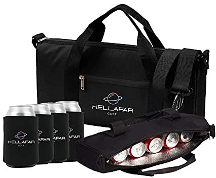 Hellafar Golf Golftaschenkühler - Golfwagenkühler mit verstellbarem Schultergurt – passend für 6 Dosen mit einem Fassungsvermögen von 340 ml oder zwei 750 ml Flaschen – inklusive vier Dosen-Kühlhüllen